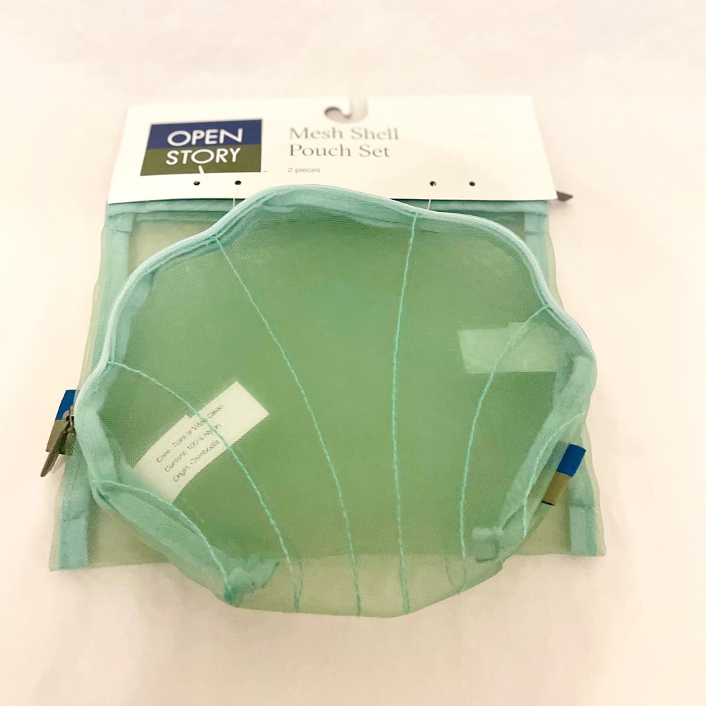 Open Story Mesh Shell Pouch Set 2pc Mint Green Travel Organizer Zipper Bags NEW